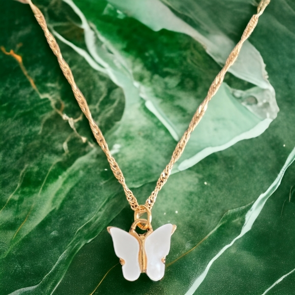 Gold Tone White Butterfly Pendant Necklace - Picture 6 of 11